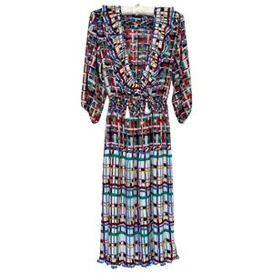 Dress Diane Freis Geometric V-neck Ruffle Pleat Skirt Smock Waist One Size